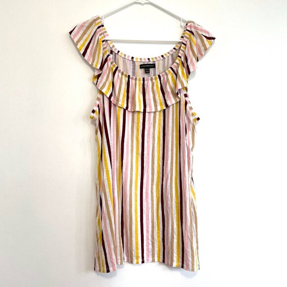 LANE BRYANT Plus Size Ruffle Edge Tank Top White Burgundy Pink Yellow Striped 3X - Picture 2 of 13